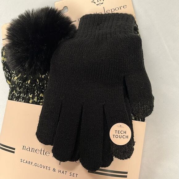 Nanette Lepore Scarf Gloves Hat Set of 3 Pieces Black Gold Silver Metallic - Picture 7 of 7